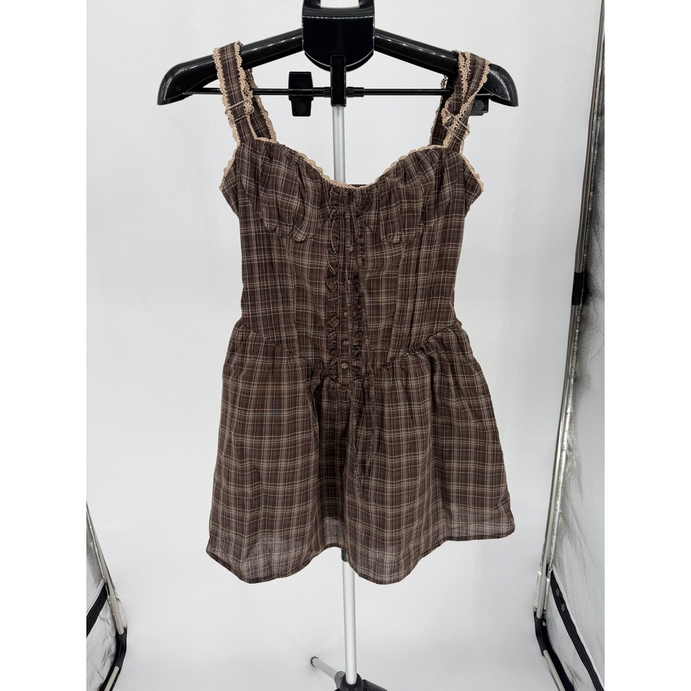 J.lbk Boutique Plaid Corset Mini Dress Womens M Brown New Lace Up Ruffle